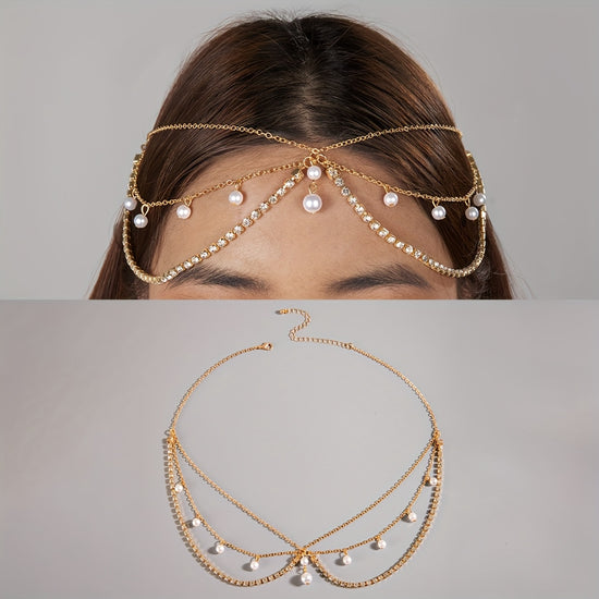 1pc Elegant MultiLayer Faux Pearl and Rhinestone Tassel Head Chain  Alloy Ideal for WomenS Dance Parties Gatherings Weddings  Fashionable Gift for Friends Dance Accessories